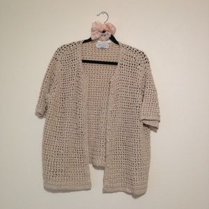 ANNEX Casual Corner Women’s Short Sleeve Tan Neutral Crochet Cardigan